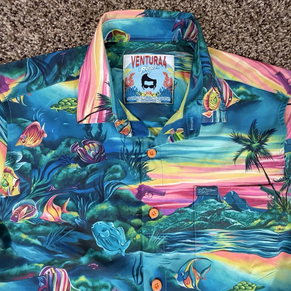 Retro Rifle VENTURA V4 Detective Ocean Print Hawaiian Button Down Shirt XS - Picture 3 of 10